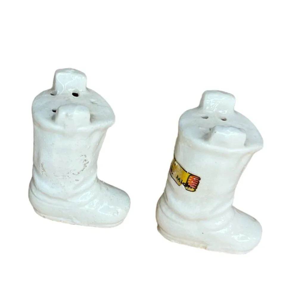 Vintage Porcelain White Cowboy Boot Salt N Pepper Shakers Made in Japan 2.5